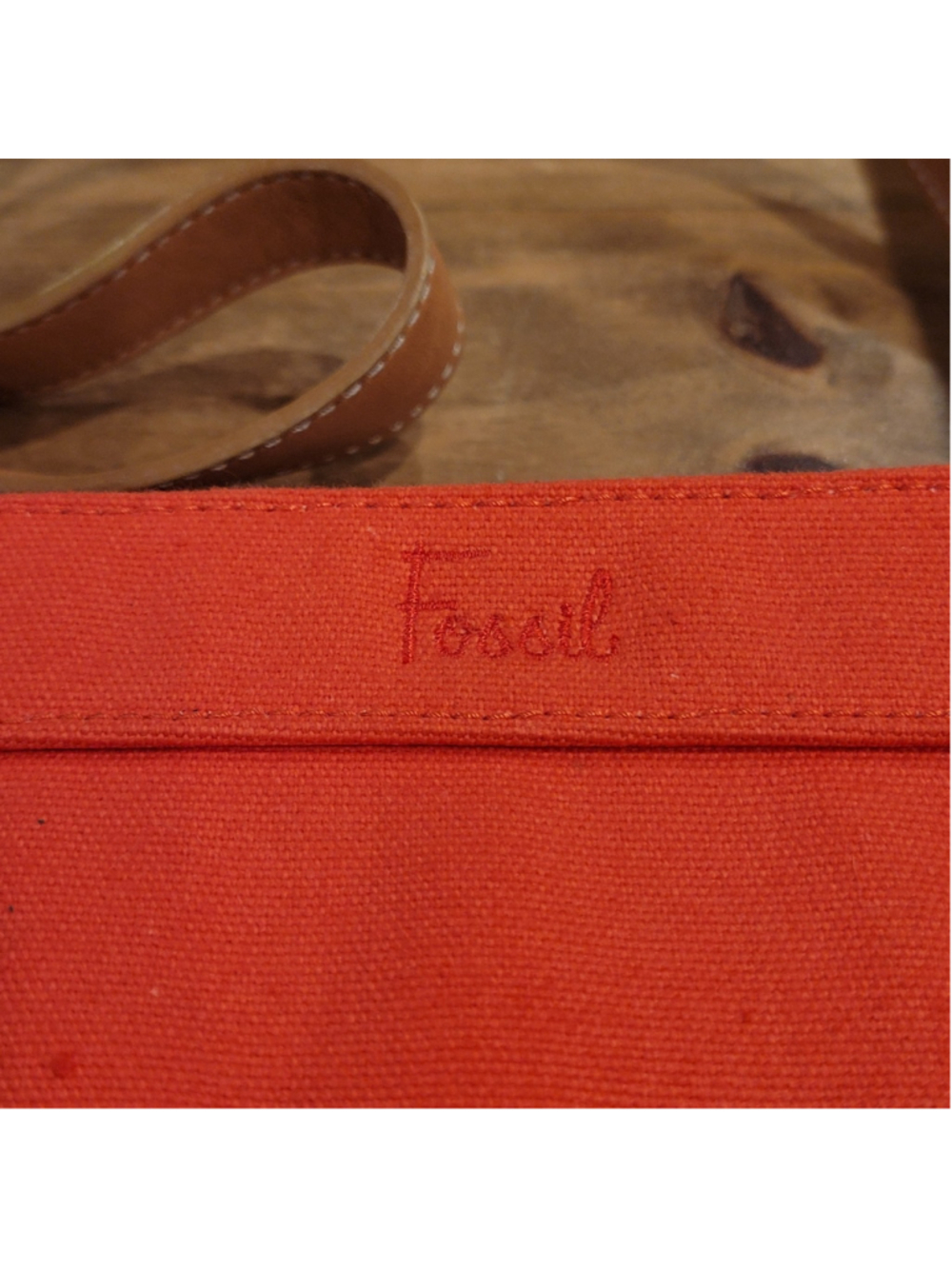 Fossil Orange Canvas Tote Bag Brown Leather Handles Shoulder Purse Zip Top - Picture 2 of 14